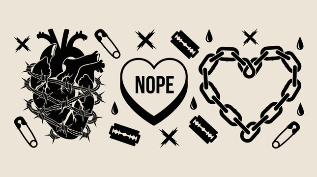 Heart icons with barbed wire and razor blades vector illustration