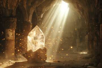 Enchanted crystal levitating in ancient vault with magical light beams