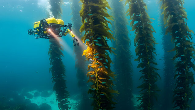 Submersible underwater robot harvesting kelp forest in ocean for aquaculture farming