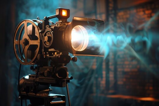 Old movie camera is projecting a beam of light and smoke in a dark room, creating a dramatic atmosphere