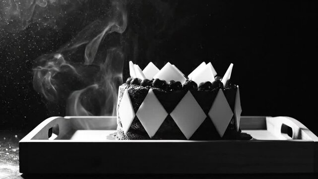 Black and white shot of freshly baked cake decorated with diamond shapes and sugar crown presented on a wooden tray with steam rising