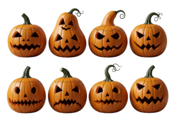 Eight spooky jack o lanterns with carved faces on black background