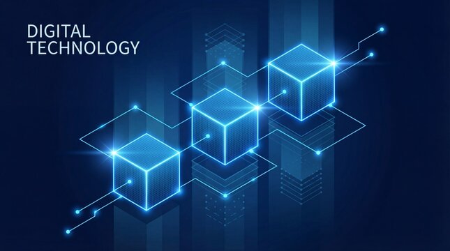 Digital technology concept with glowing blue cubes on dark background