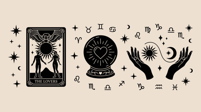 Mystic tarot and astrology symbols esoteric vector illustration