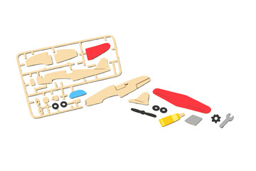 Model airplane kit with parts spread out, glue, and tools