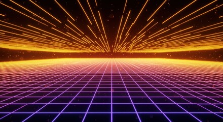 Futuristic neon grid landscape stretches toward a distant vanishing point under streaking lights