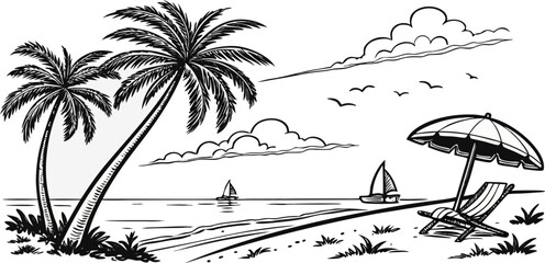 A black and white pen and ink drawing depicts a serene beach scene. The composition is panoramic, emphasizing the expanse of the environment. Palm trees, rendered in detailed lines, are positioned on 