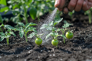 Gardener Fertilizing Young Tomato Plants in Vegetable Garden, Organic Tomato Growing with Fertilizer Application in Garden Soil