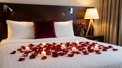 Luxury hotel bed decorated with red rose petals and burning candles for a romantic Valentine's Day surprise
