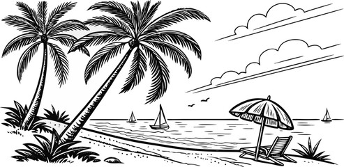 A black and white pen and ink drawing depicts a serene beach scene. The composition is panoramic, emphasizing the expanse of the environment. Palm trees, rendered in detailed lines, are positioned on 