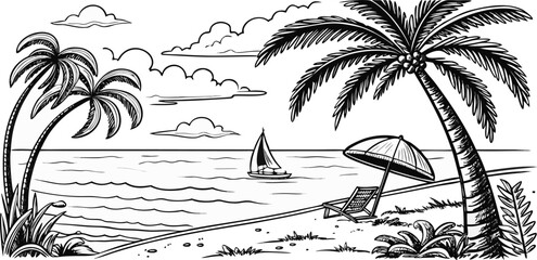 A black and white pen and ink drawing depicts a serene beach scene. The composition is panoramic, emphasizing the expanse of the environment. Palm trees, rendered in detailed lines, are positioned on 