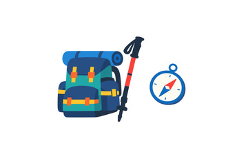 Backpack, trekking pole, and compass illustration on dark background