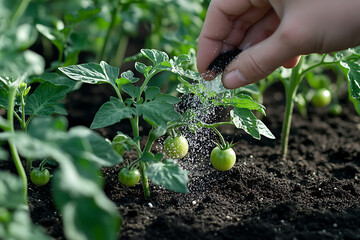Gardener Fertilizing Young Tomato Plants in Vegetable Garden, Organic Tomato Growing with Fertilizer Application in Garden Soil