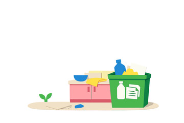 Recycling bin with bottles, paper and plants