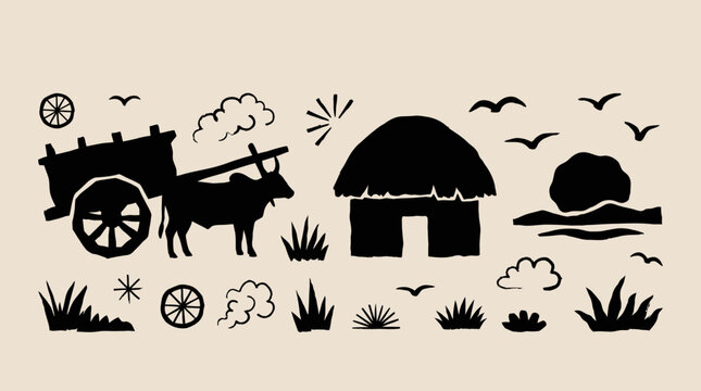 Traditional rural Indian landscape elements silhouette vector illustration