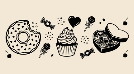 Valentine themed sweet treats and desserts vector illustration