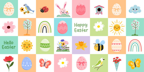 Fototapeta premium Easter design background, seamless pattern for packaging, greeting card, flyer, poster, paper bag or gift wrap. Cute cartoon Easter elements on pastel colorful checkered background. 
