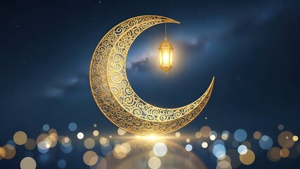 Ornate Golden Crescent and Lantern, Filigree moon hanging with Arabic lamp against a milky way galaxy sky, bokeh lights, celestial Islamic holiday celebration concept