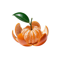 Peeled Mandarin Orange with Green Leaf and Open Citrus Peel Isolated on Black Background, Fresh Fruit and Healthy Food Concept