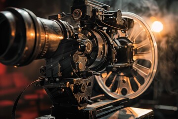 Fototapeta premium Close up of vintage movie camera operating, capturing cinematic moments with rotating film reel on a movie set
