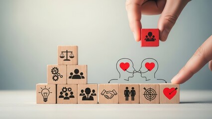 Hand placing a red block with a team icon on a foundation of business values and personal connections