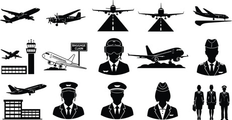 Aviation and air travel icon set, airplane silhouette, airport control tower, pilot, flight attendant, baggage claim, vector illustration, black pictogram © MDMAHOMUDUL