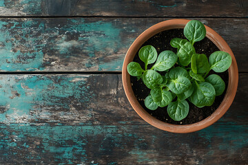 Fresh Green Basil Plant in a Pot on a Dark Rustic Wooden Table, Overhead View of Young Basil Herb Growing in Soil with Copy Space