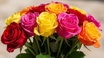 Obraz premium Vibrant bouquet of multicolored roses in full bloom on neutral background for mother's day gift ideas and floral arrangements with flowers and Mother s Day