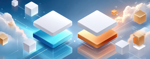 Isometric stack of white and colored cubes floating in a blue sky with clouds