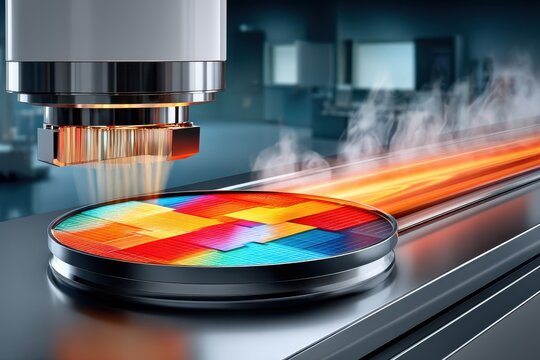 Close-up of a vibrant patterned wafer under precision lithography in a high-tech fabrication facility