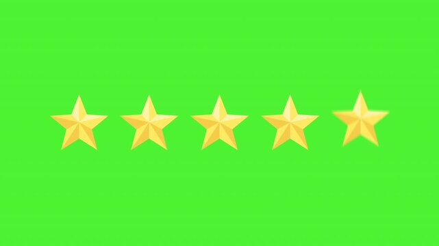 Animated premium gold five stars rating with chroma key green screen. 5 stars quality success review. 4k video