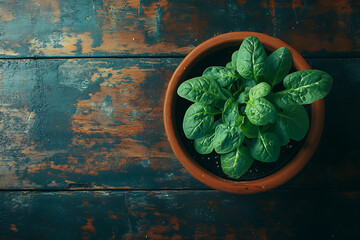 Fresh Green Basil Plant in a Pot on a Dark Rustic Wooden Table, Overhead View of Young Basil Herb Growing in Soil with Copy Space