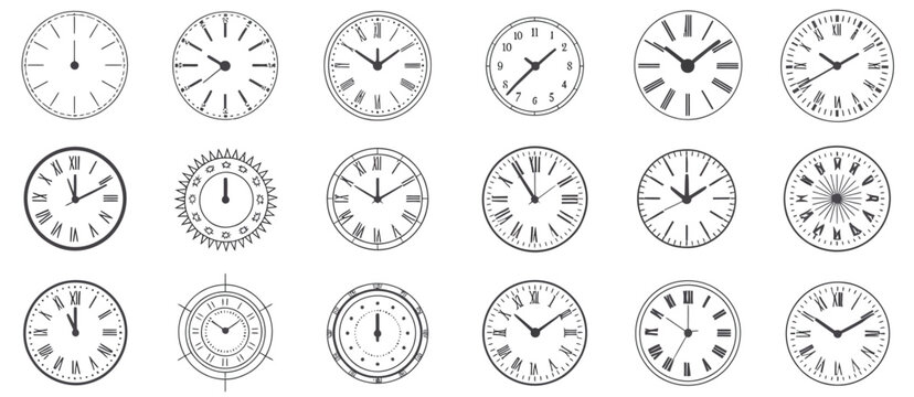 Clock faces collection with roman numerals and ornate frames, vintage time dials, perfect for classic interiors, antique clock graphics, vector illustration for home decor