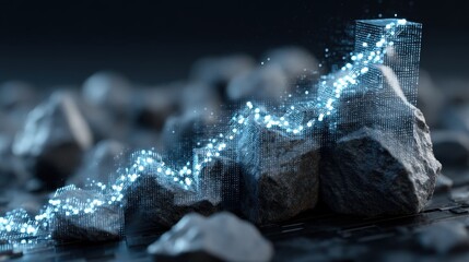 Digital Financial Growth Graph Over Dark Stone Background Featuring Holographic Elements for Emerging Market Analysis