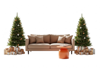 Cozy living room scene with two decorated christmas trees and a sofa