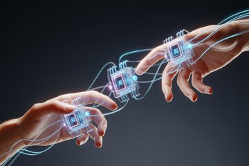 Two hands reaching out to connect with glowing blue circuit patterns