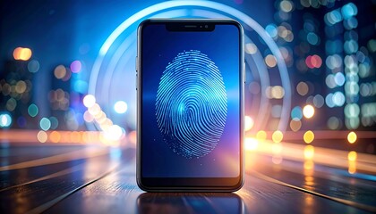 Cyber Security at Your Fingertips: A smartphone screen glows with a digital fingerprint, symbolizing the cutting-edge of data security and biometric authentication in a modern digital world. 