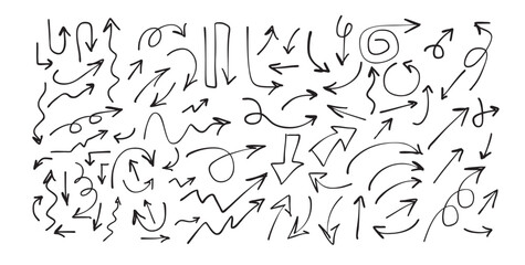 Hand drawn doodle arrows set, sketch style direction pointers collection, curved and straight navigation symbols, black line art vector elements for infographic, presentation, web design and UI