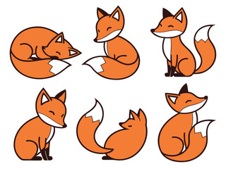 Fototapeta premium Six Cute Cartoon Foxes In Different Poses With Orange Fur And White Tails animals wildlife