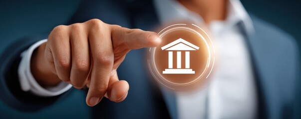 Finger taps a futuristic bank icon within a digital circle representing modern banking and trust