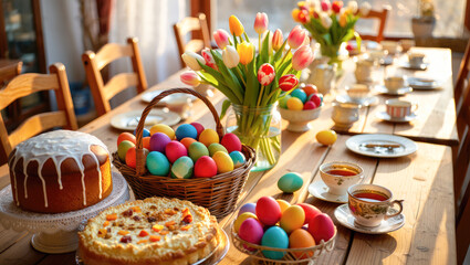 Easter celebration table with colorful eggs and traditional kulich cakes in bright dining room, perfect for holiday greeting cards or festive content creation