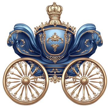 Ornate blue and gold royal carriage with crown on white background image photo