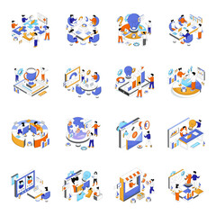 Fototapeta premium Set of Team Collaboration Isometric Illustrations 
