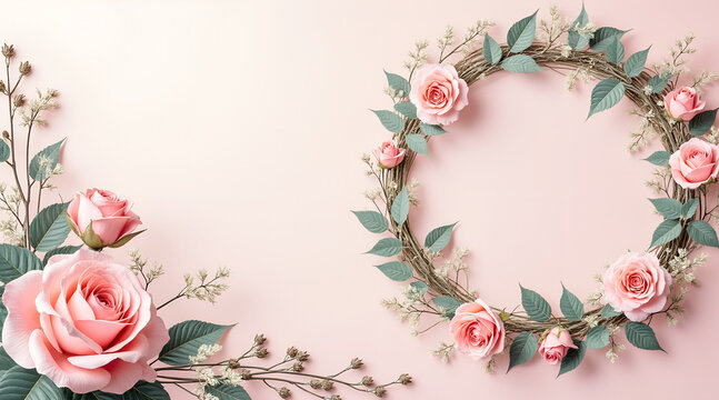 Wreath background with circular arrangement of roses and leaves in gentle hues, elegant and inviting with copy space