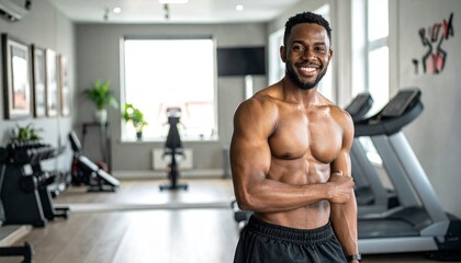 Obraz premium Fit African American Man Smiling in Gym After Workout.