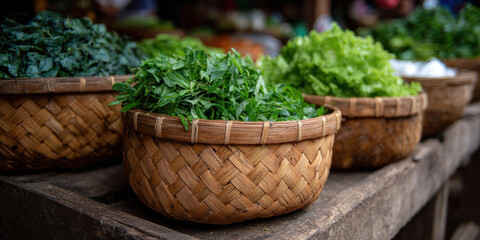 Leafy greens woven basket market stall fresh herbs rustic table local produce asian market natural light organic food street market Fresh herbs and leafy greens woven basket rustic table local