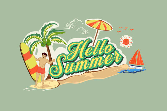 Vector illustration of a man relaxing under a palm tree on a tropical beach with an umbrella and ocean waves for a summer holiday background poster design