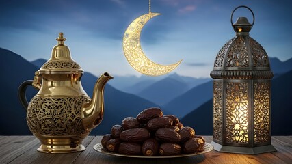 Ramadan Iftar with Mountain View, Golden teapot and bowl of dates with lantern on wooden table overlooking blue mountain landscape, peaceful spiritual travel concept , Ramadan Concept