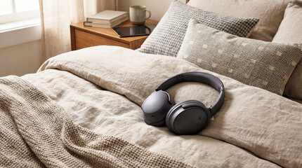Comfortable bedroom with headphones resting on a cozy bed  