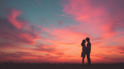 Fototapeta premium Romantic Couple Silhouette at Sunset with Dramatic Pink and Orange Sky Urban Skyline